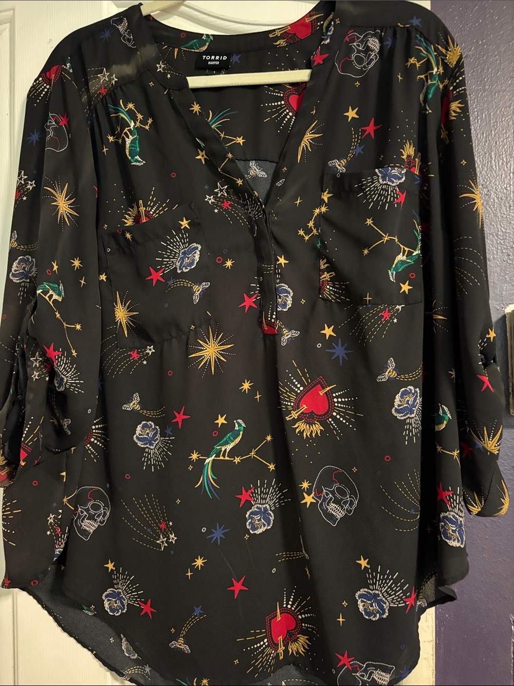 Torrid Black Celestial & Tattoo Motif Button-Front Blouse